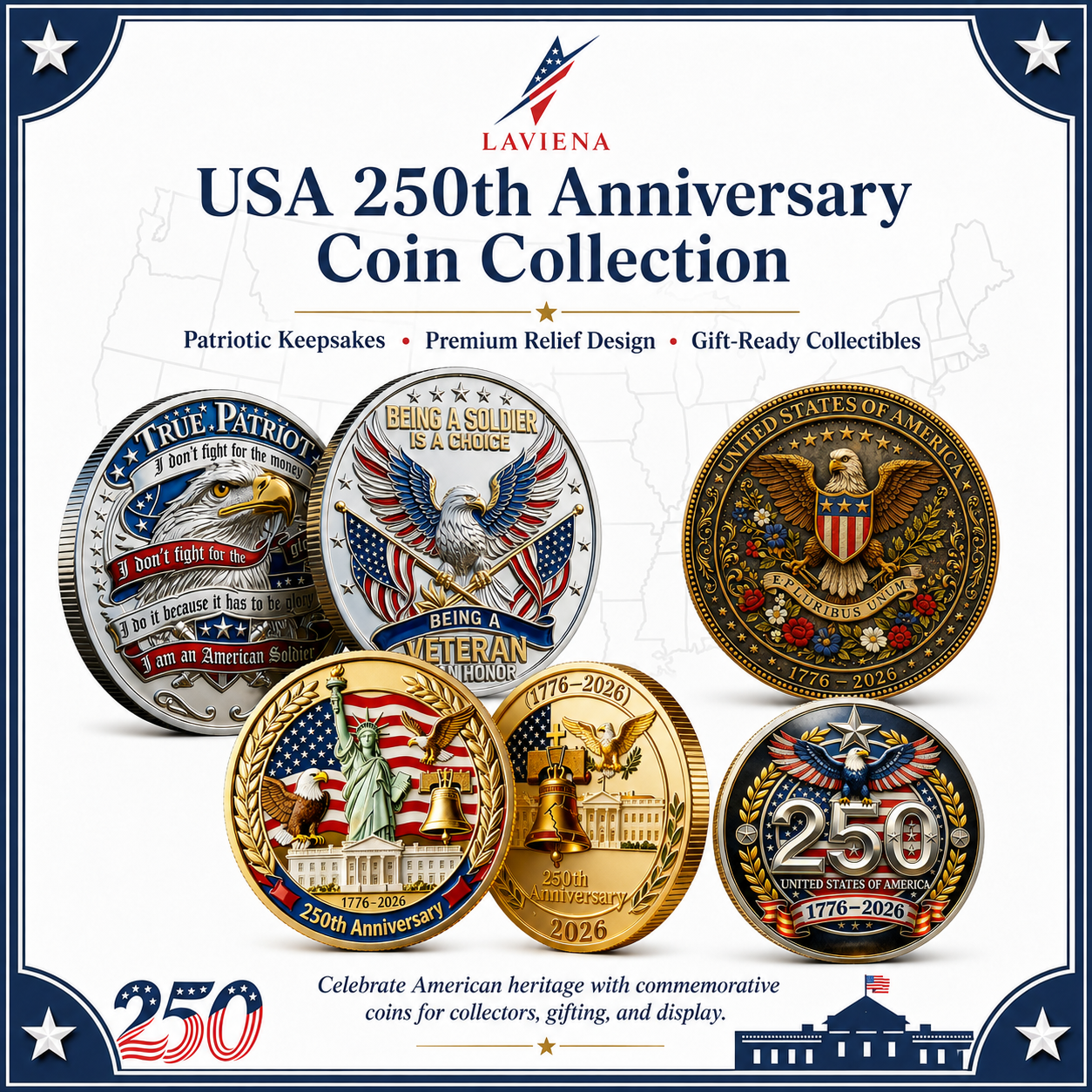 Laviena USA 250th Anniversary 3D Embossed Commemorative Coin Collection