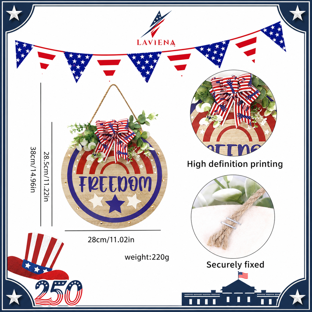 Laviena USA 250th Anniversary Patriotic Hanging Plaque Decor