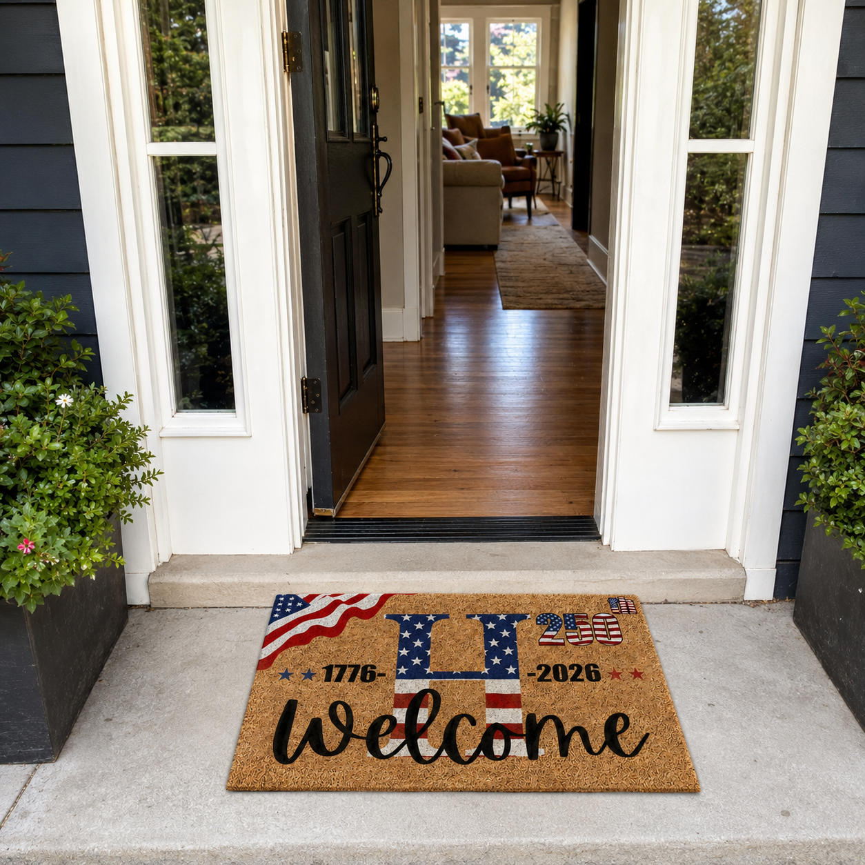 Laviena USA 250th Anniversary Personalized Welcome Rug 1776–2026 | First-Letter Surname Patriotic Doormat