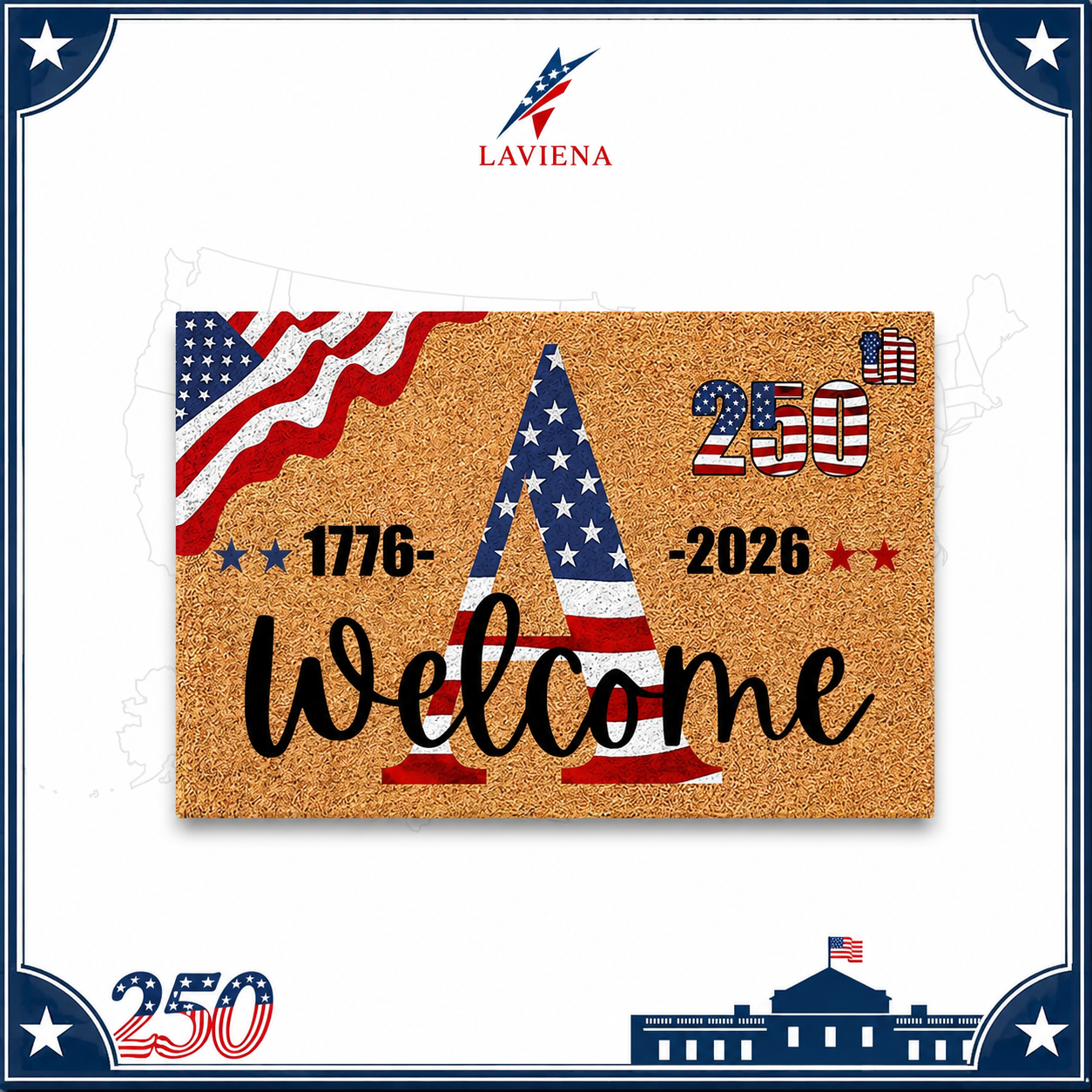 Laviena USA 250th Anniversary Personalized Welcome Rug 1776–2026 | First-Letter Surname Patriotic Doormat