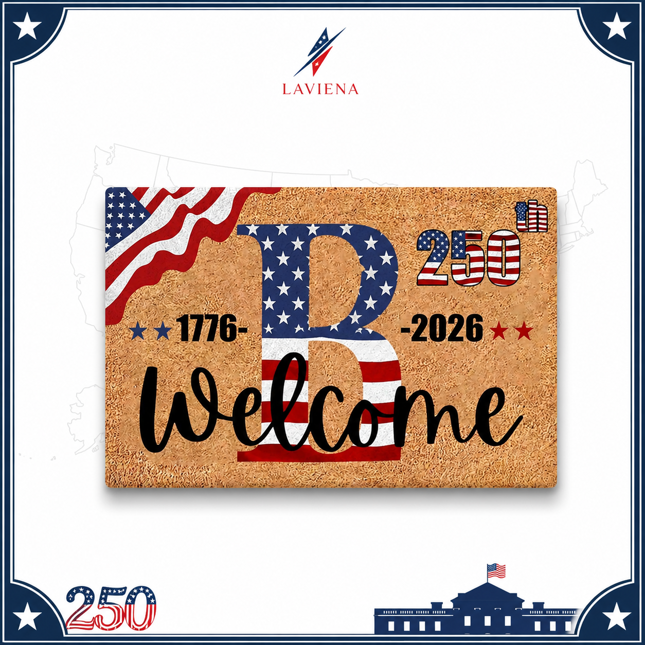 Laviena USA 250th Anniversary Personalized Welcome Rug 1776–2026 | First-Letter Surname Patriotic Doormat