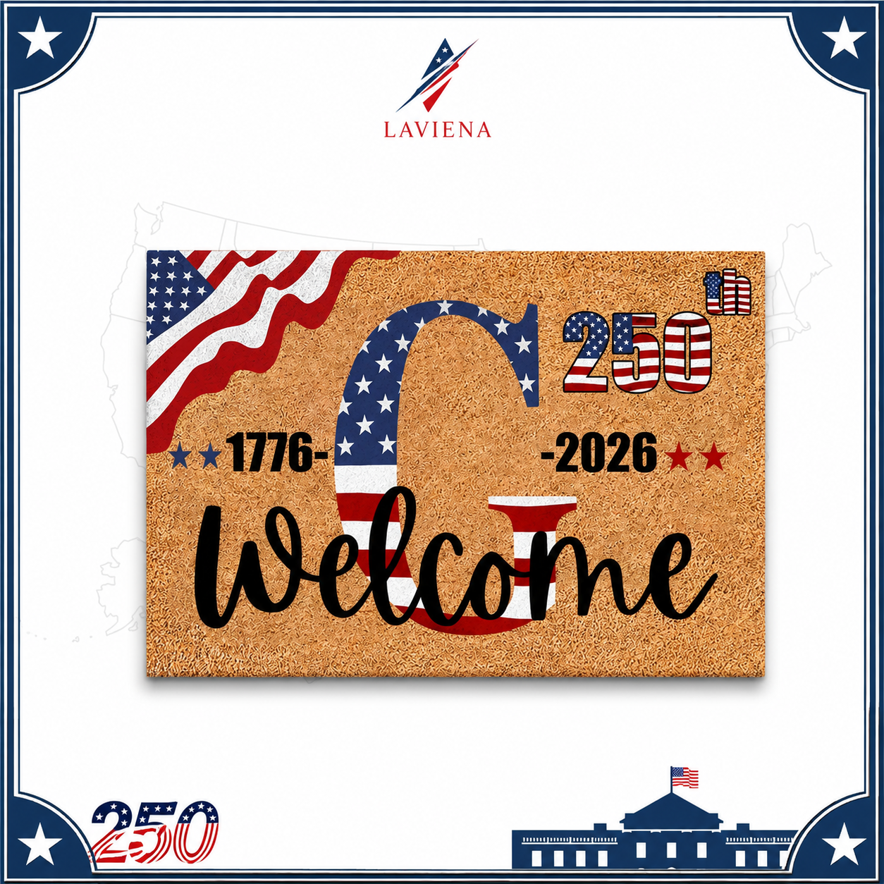 Laviena USA 250th Anniversary Personalized Welcome Rug 1776–2026 | First-Letter Surname Patriotic Doormat