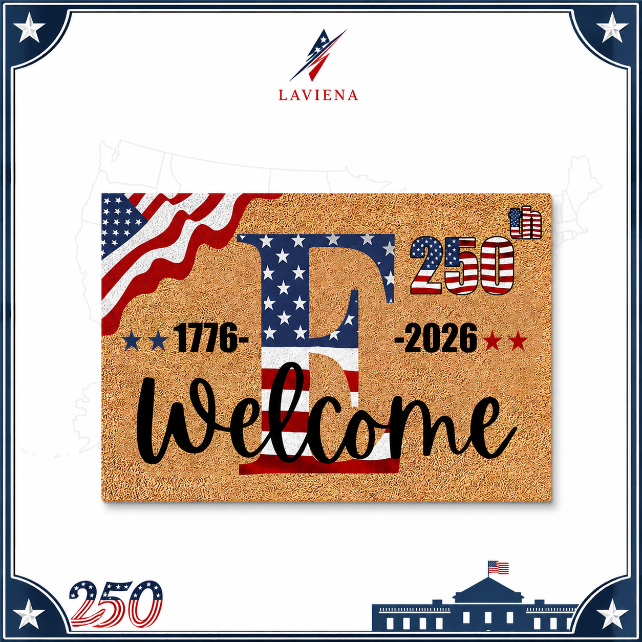 Laviena USA 250th Anniversary Personalized Welcome Rug 1776–2026 | First-Letter Surname Patriotic Doormat