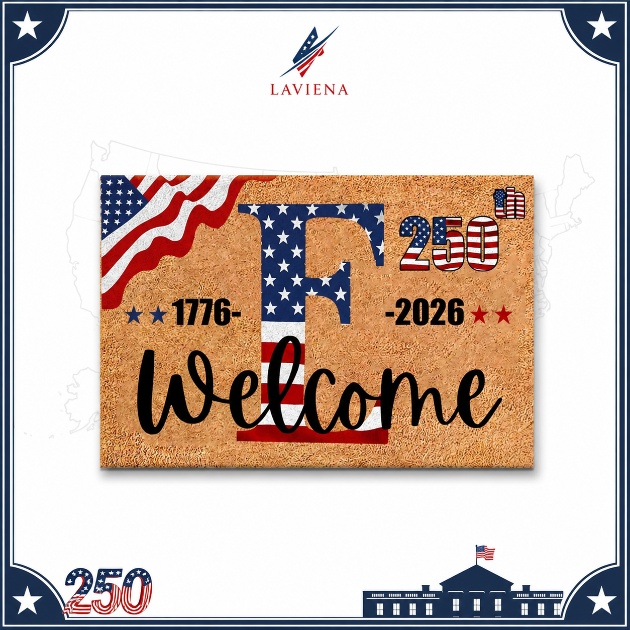 Laviena USA 250th Anniversary Personalized Welcome Rug 1776–2026 | First-Letter Surname Patriotic Doormat