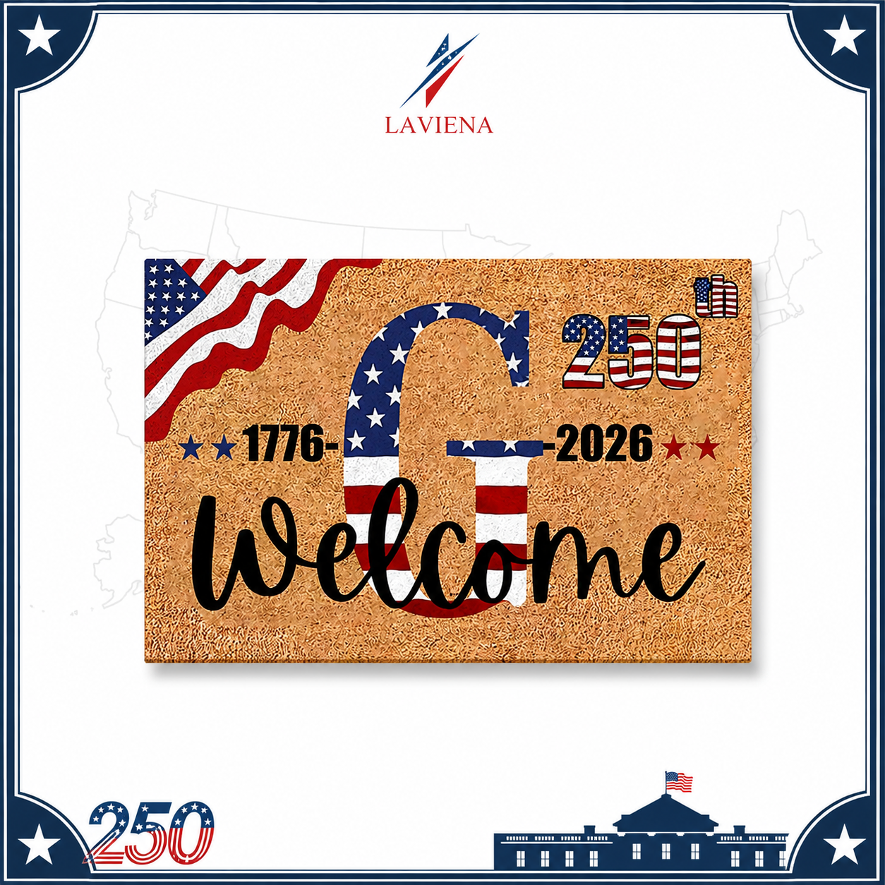 Laviena USA 250th Anniversary Personalized Welcome Rug 1776–2026 | First-Letter Surname Patriotic Doormat