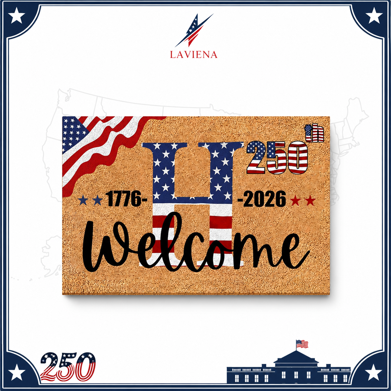 Laviena USA 250th Anniversary Personalized Welcome Rug 1776–2026 | First-Letter Surname Patriotic Doormat