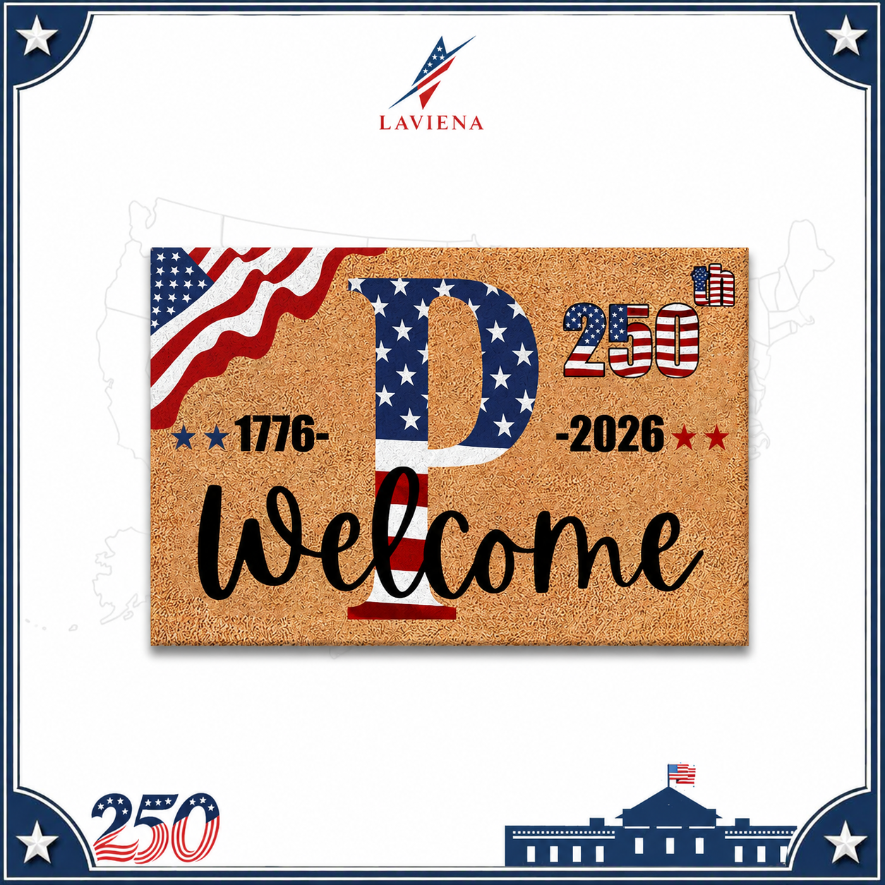Laviena USA 250th Anniversary Personalized Welcome Rug 1776–2026 | First-Letter Surname Patriotic Doormat