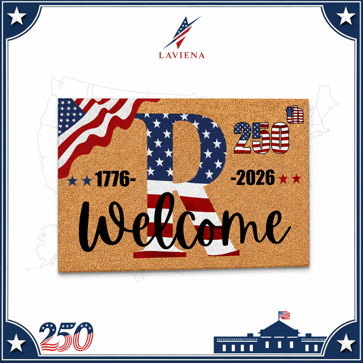 Laviena USA 250th Anniversary Personalized Welcome Rug 1776–2026 | First-Letter Surname Patriotic Doormat