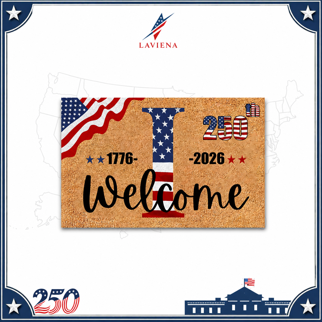 Laviena USA 250th Anniversary Personalized Welcome Rug 1776–2026 | First-Letter Surname Patriotic Doormat