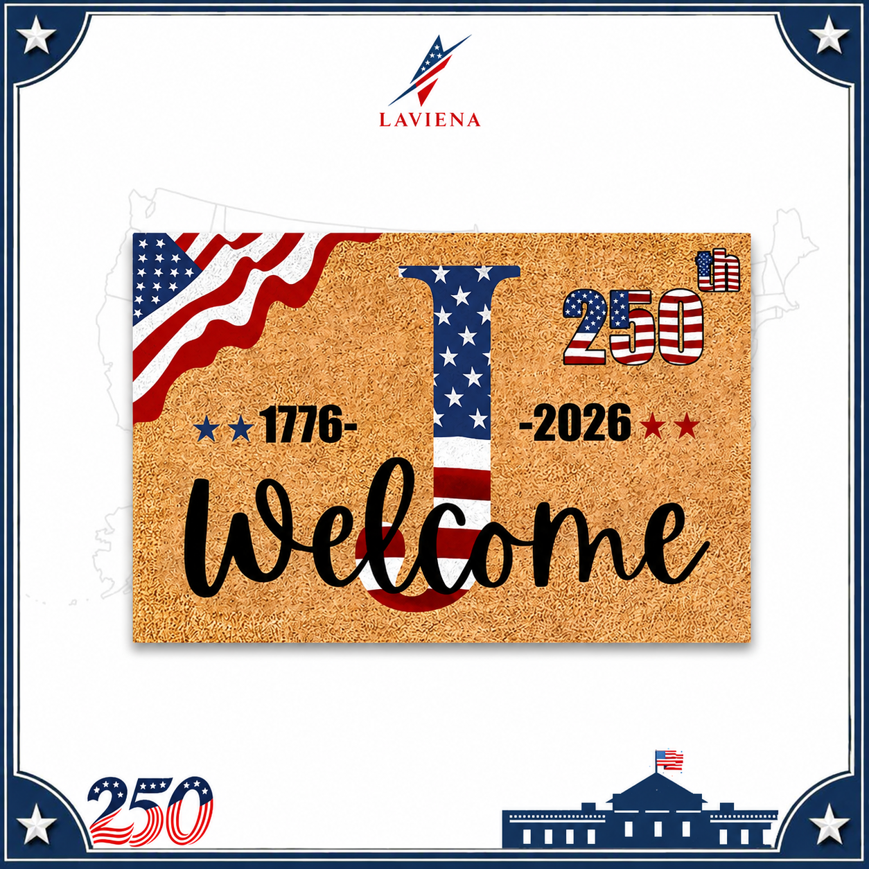Laviena USA 250th Anniversary Personalized Welcome Rug 1776–2026 | First-Letter Surname Patriotic Doormat