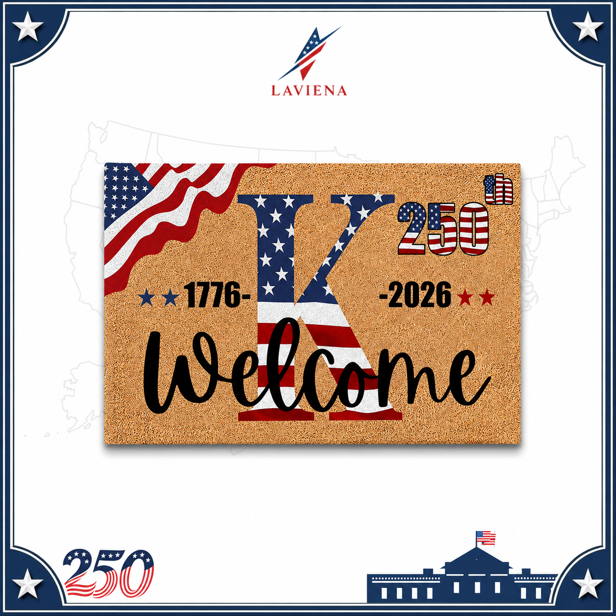 Laviena USA 250th Anniversary Personalized Welcome Rug 1776–2026 | First-Letter Surname Patriotic Doormat