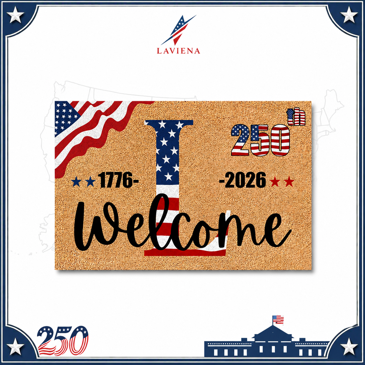 Laviena USA 250th Anniversary Personalized Welcome Rug 1776–2026 | First-Letter Surname Patriotic Doormat