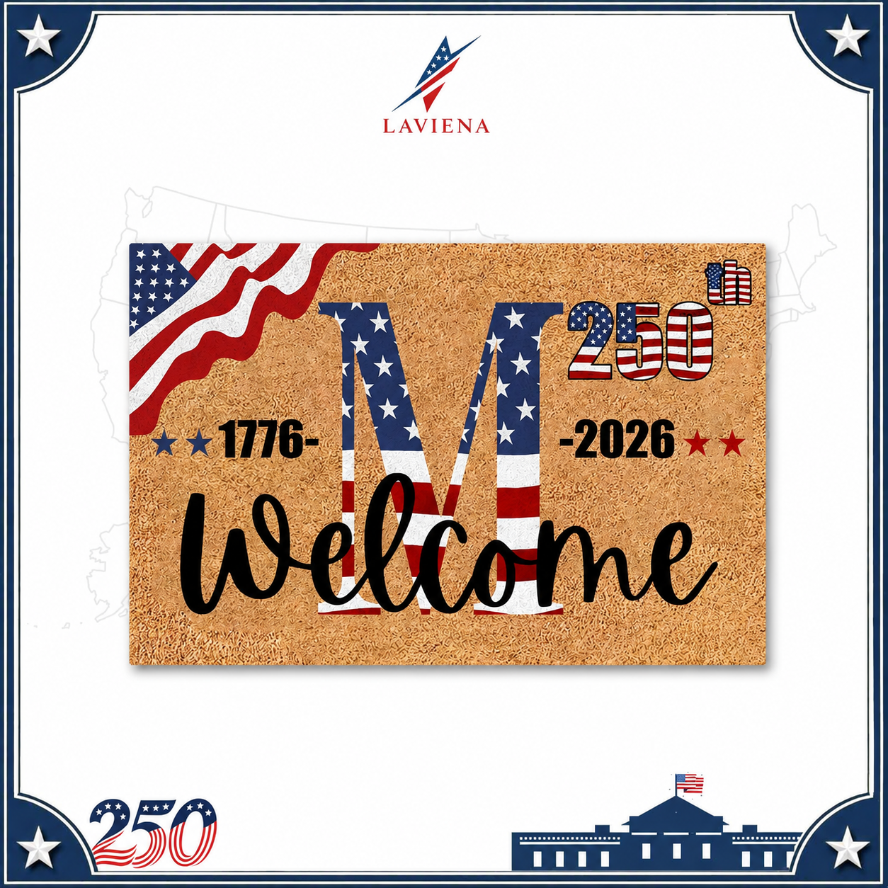 Laviena USA 250th Anniversary Personalized Welcome Rug 1776–2026 | First-Letter Surname Patriotic Doormat