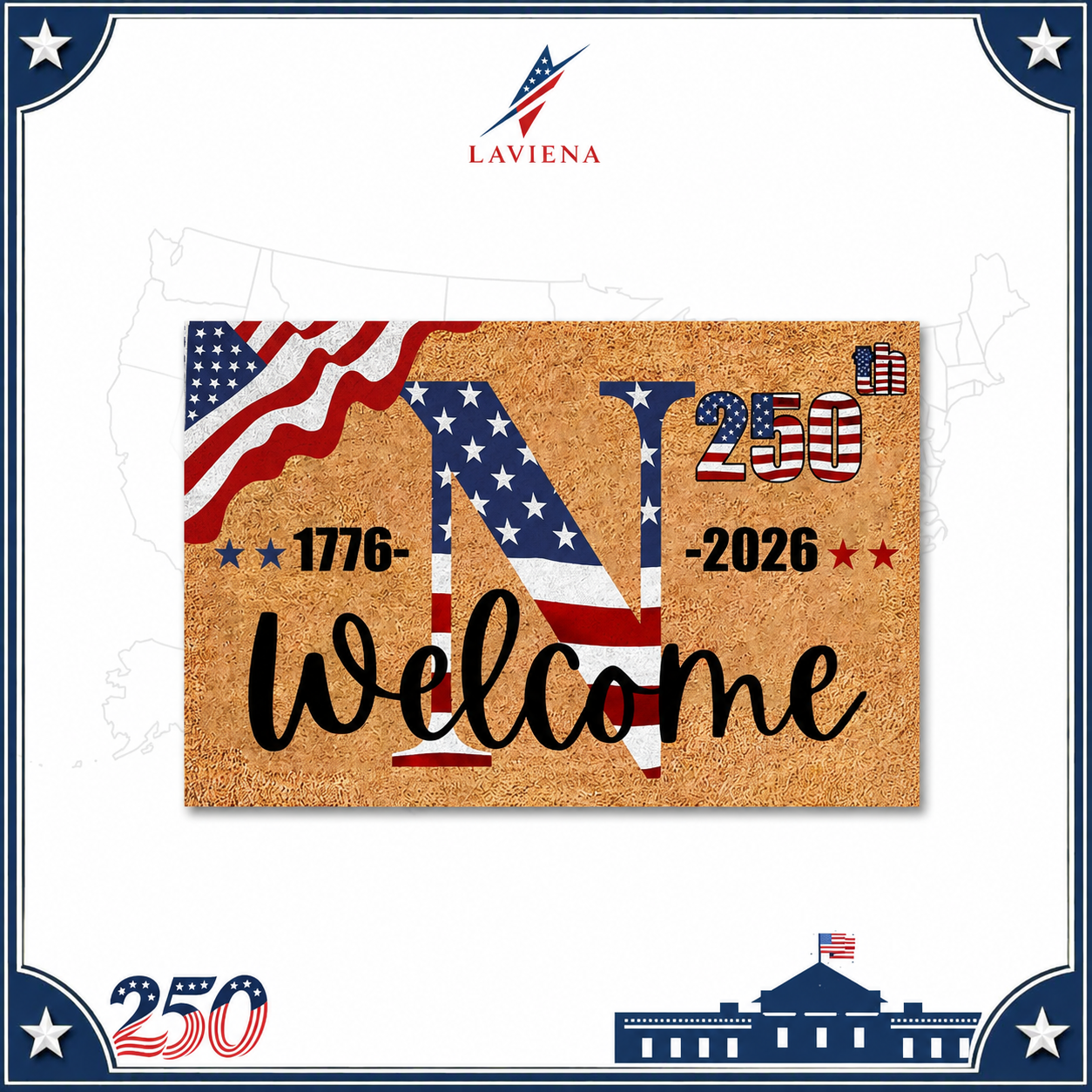 Laviena USA 250th Anniversary Personalized Welcome Rug 1776–2026 | First-Letter Surname Patriotic Doormat