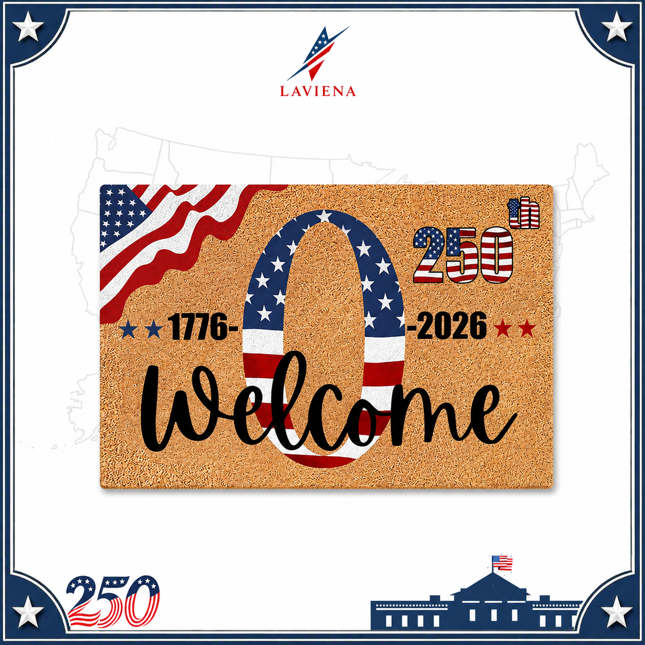 Laviena USA 250th Anniversary Personalized Welcome Rug 1776–2026 | First-Letter Surname Patriotic Doormat