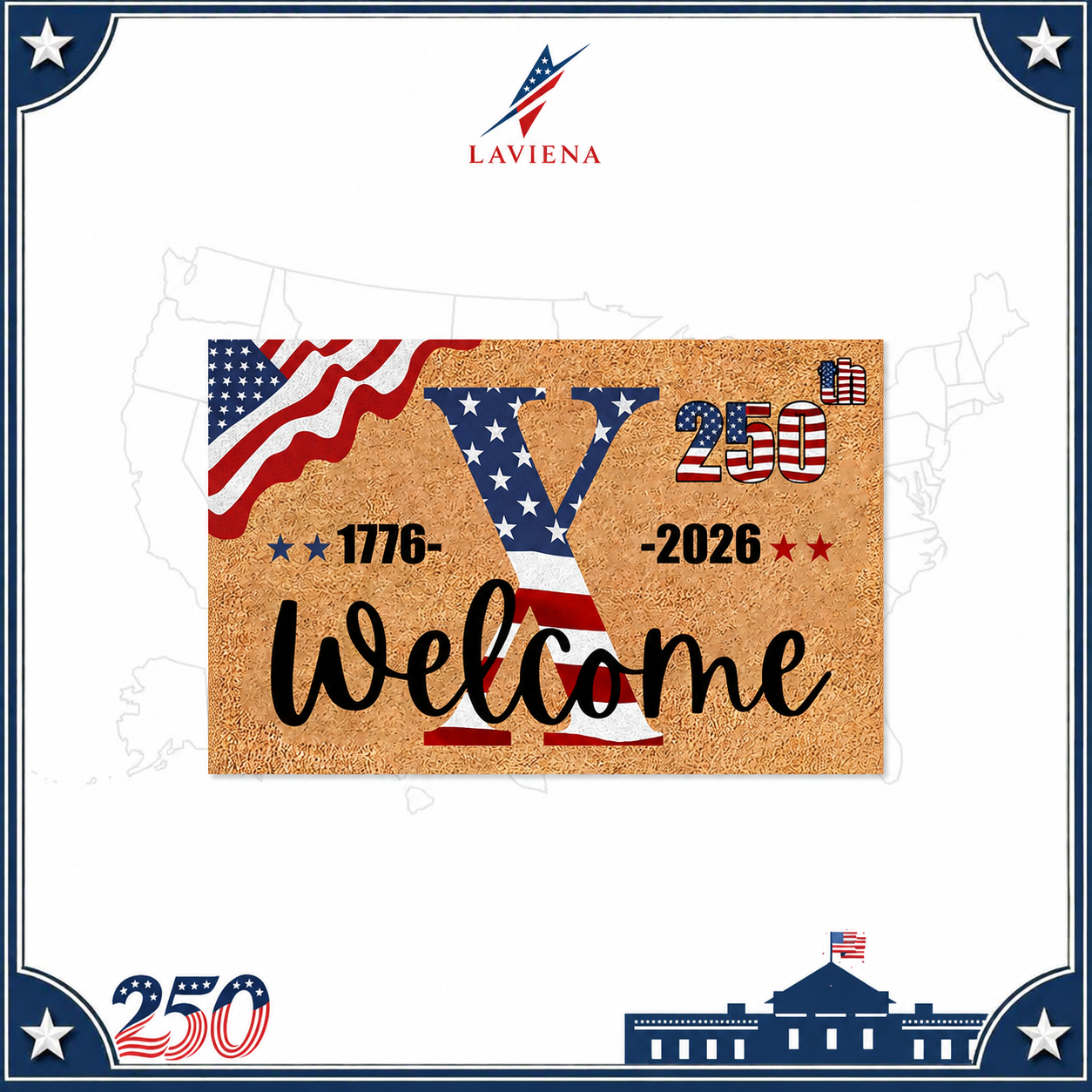 Laviena USA 250th Anniversary Personalized Welcome Rug 1776–2026 | First-Letter Surname Patriotic Doormat