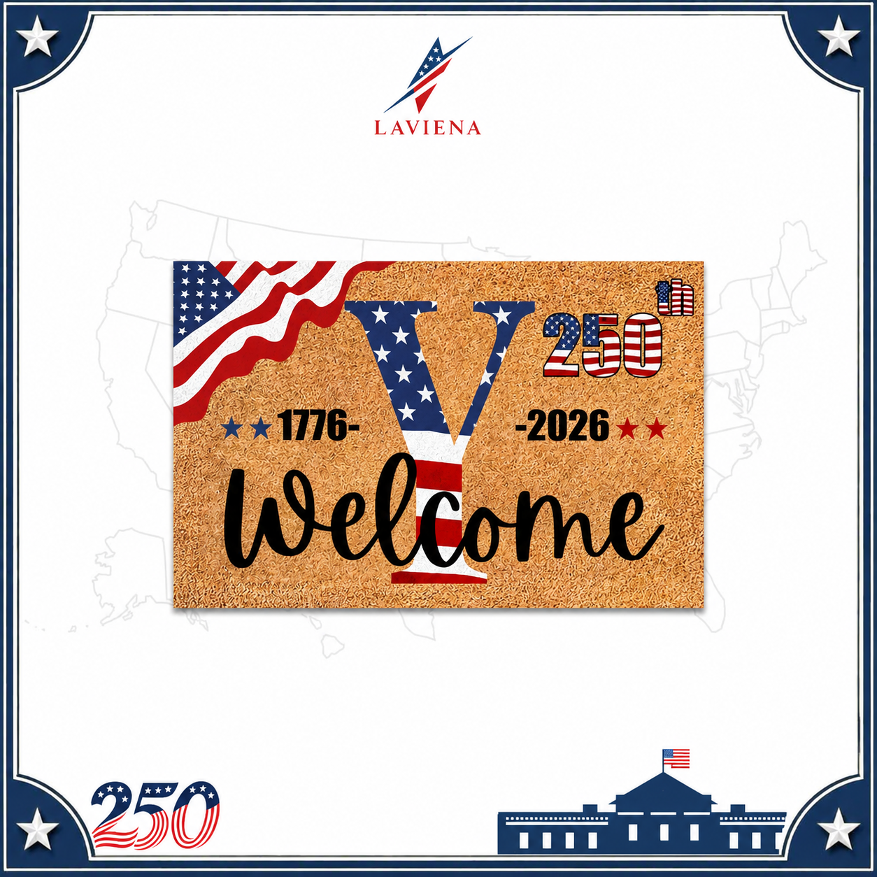 Laviena USA 250th Anniversary Personalized Welcome Rug 1776–2026 | First-Letter Surname Patriotic Doormat