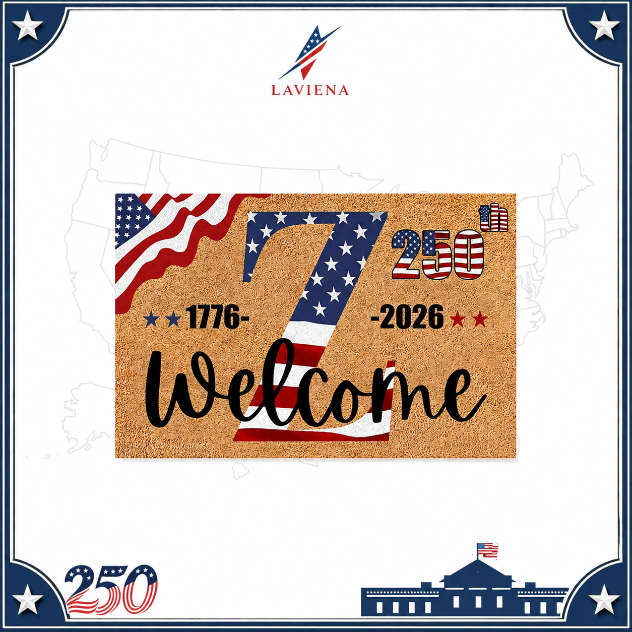 Laviena USA 250th Anniversary Personalized Welcome Rug 1776–2026 | First-Letter Surname Patriotic Doormat