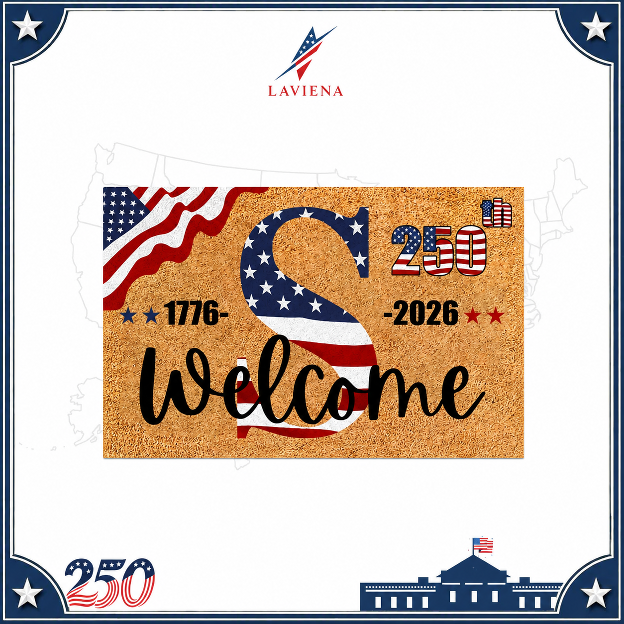Laviena USA 250th Anniversary Personalized Welcome Rug 1776–2026 | First-Letter Surname Patriotic Doormat