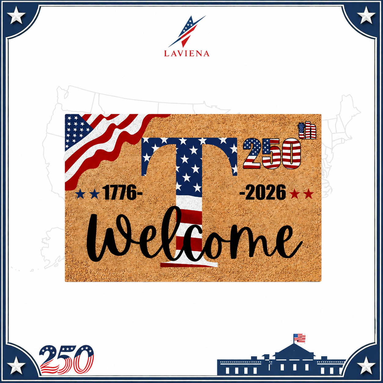 Laviena USA 250th Anniversary Personalized Welcome Rug 1776–2026 | First-Letter Surname Patriotic Doormat