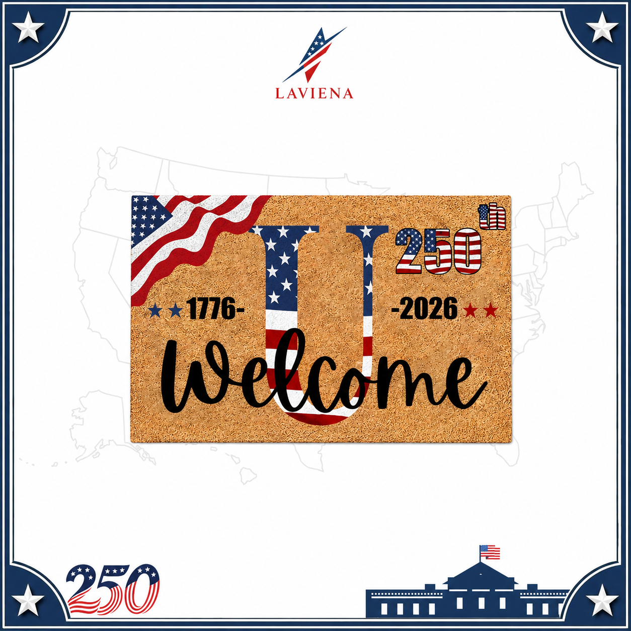 Laviena USA 250th Anniversary Personalized Welcome Rug 1776–2026 | First-Letter Surname Patriotic Doormat
