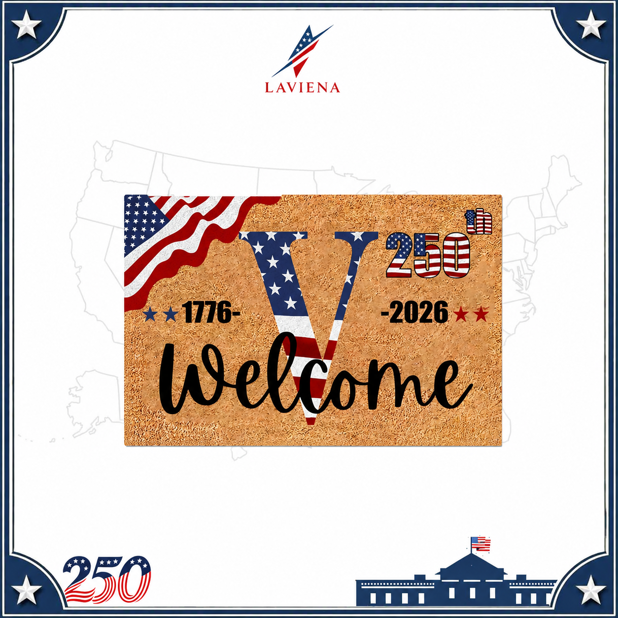 Laviena USA 250th Anniversary Personalized Welcome Rug 1776–2026 | First-Letter Surname Patriotic Doormat