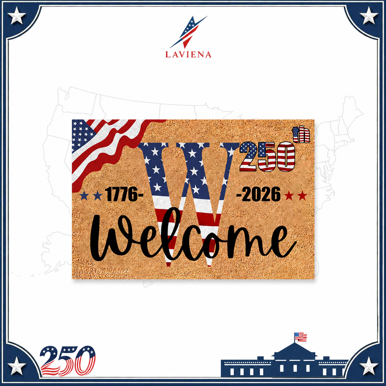 Laviena USA 250th Anniversary Personalized Welcome Rug 1776–2026 | First-Letter Surname Patriotic Doormat