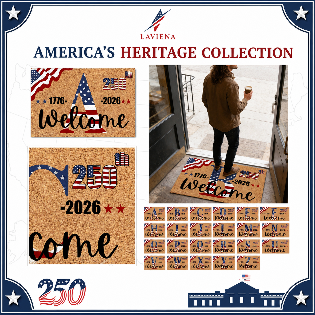Laviena USA 250th Anniversary Personalized Welcome Rug 1776–2026 | First-Letter Surname Patriotic Doormat
