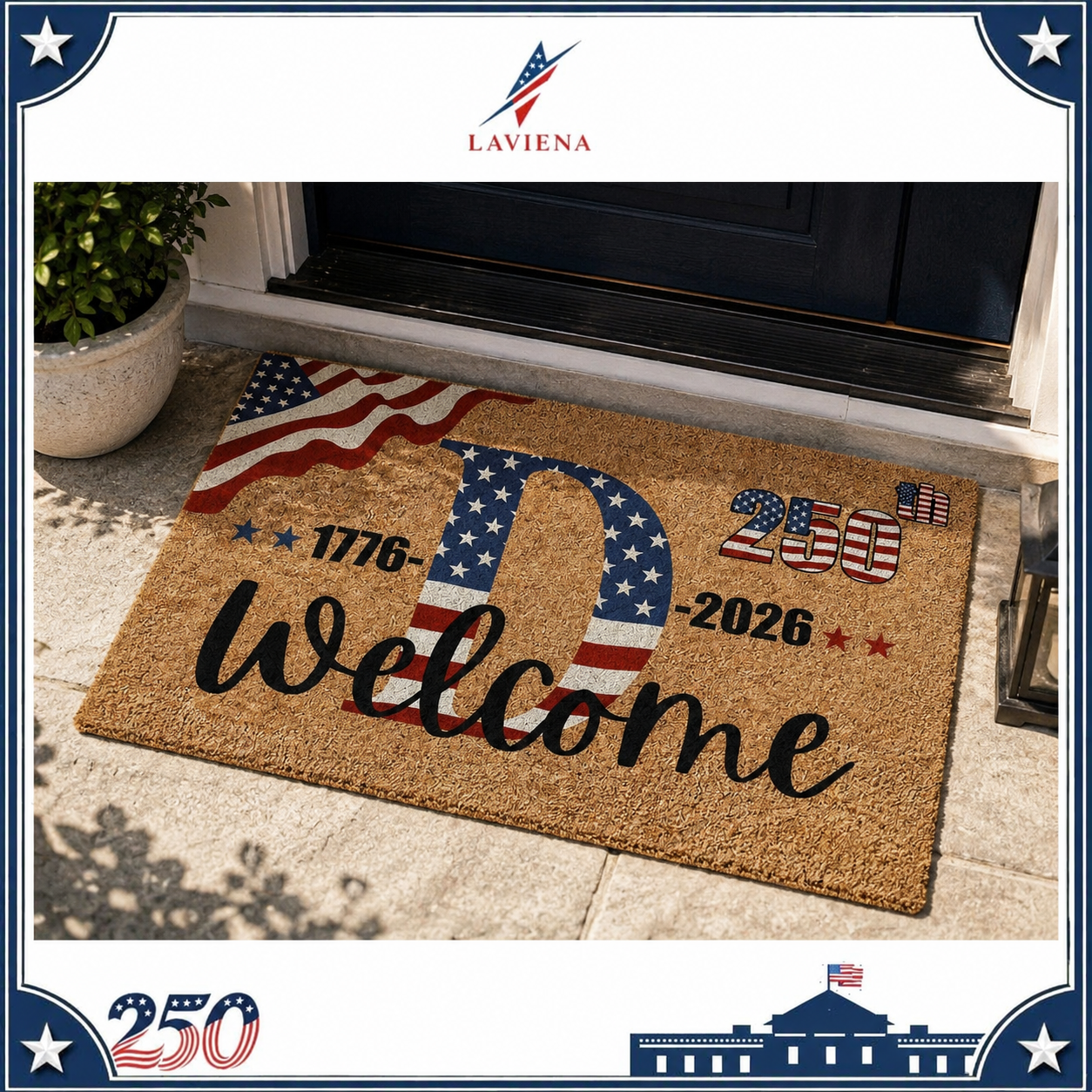 Laviena USA 250th Anniversary Personalized Welcome Rug 1776–2026 | First-Letter Surname Patriotic Doormat