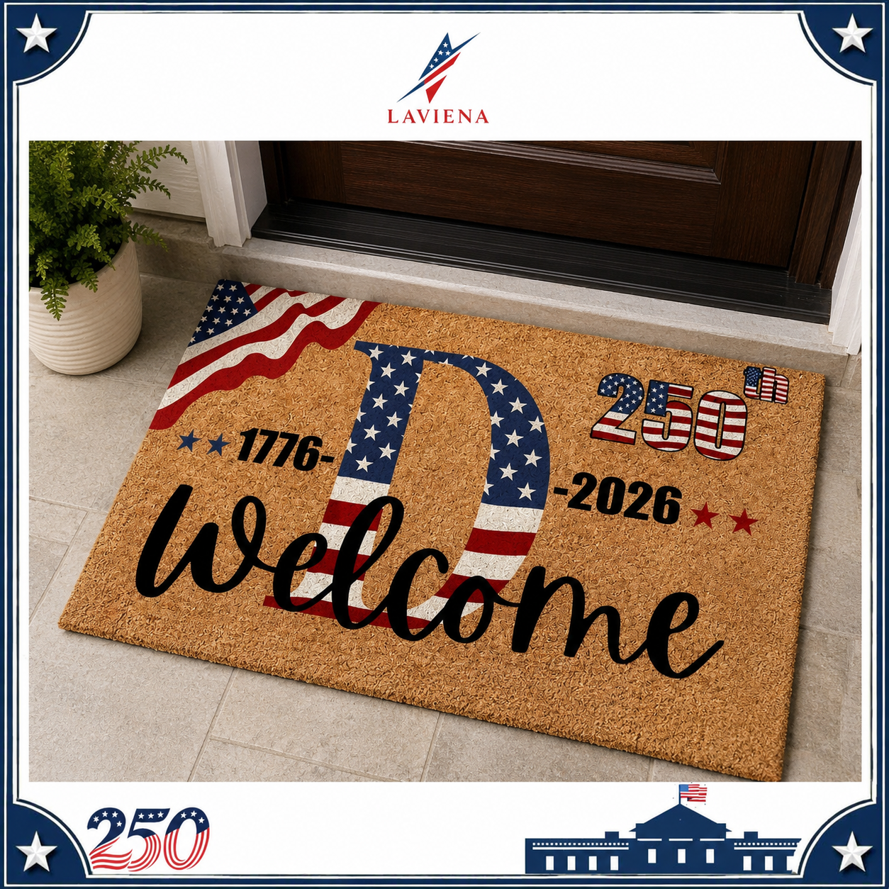 Laviena USA 250th Anniversary Personalized Welcome Rug 1776–2026 | First-Letter Surname Patriotic Doormat
