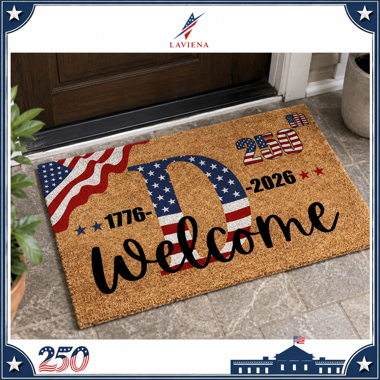 Laviena USA 250th Anniversary Personalized Welcome Rug 1776–2026 | First-Letter Surname Patriotic Doormat