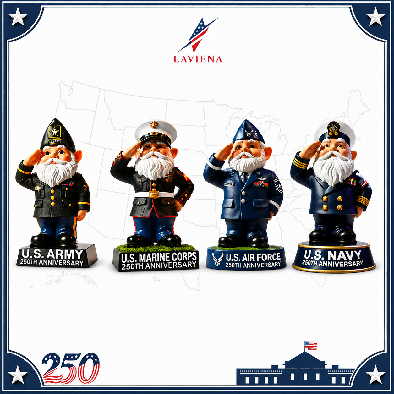 Laviena America 250th Military Tribute Gnome Statue