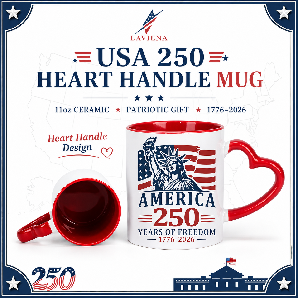 Laviena USA 250th Anniversary Heart Handle Ceramic Mug Collection